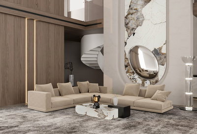 Modern L-shaped Swedish wood sofa, 330 x 250 cm, Chanel fabric - Beige product image 3