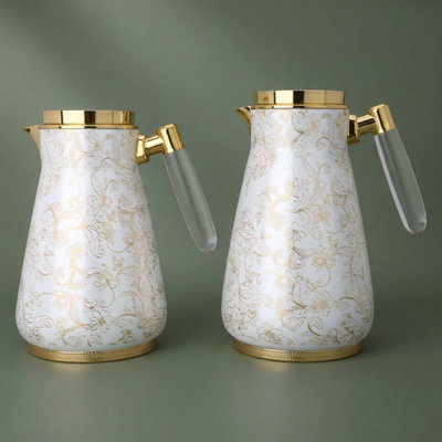 Al Saif Gallery Lily thermos set, 1/0.75 litre, 2 pieces, thermal glass inner shell, stainless steel outer shell - cream-gold product image 1