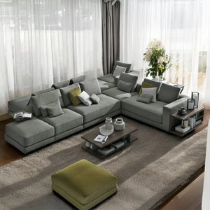 Modern L-shaped Swedish wood sofa, 300 x 200 cm, chenille fabric - gray product image