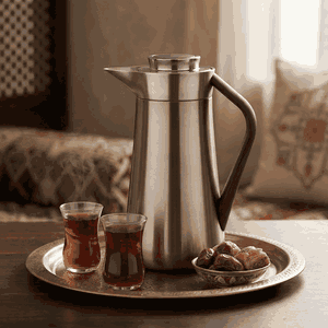 Al-Saif Gallery Al-Huda Stainless Steel Thermos, 1 Liter, Dark Wooden Handle, Push Button - Matte Silver product image 2