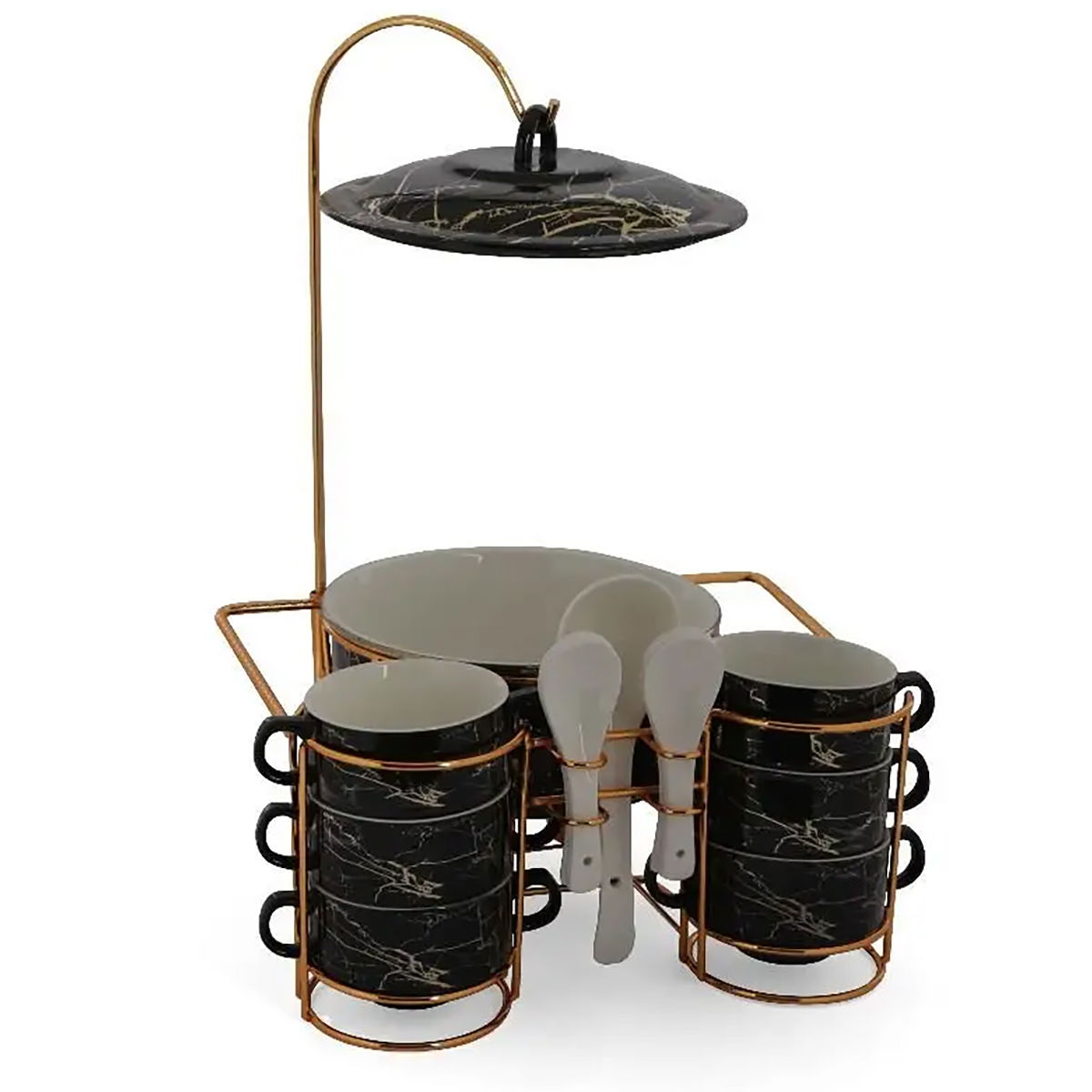 Al Saif Gallery porcelain soup set, 15 pieces, gold stand - black marble product image