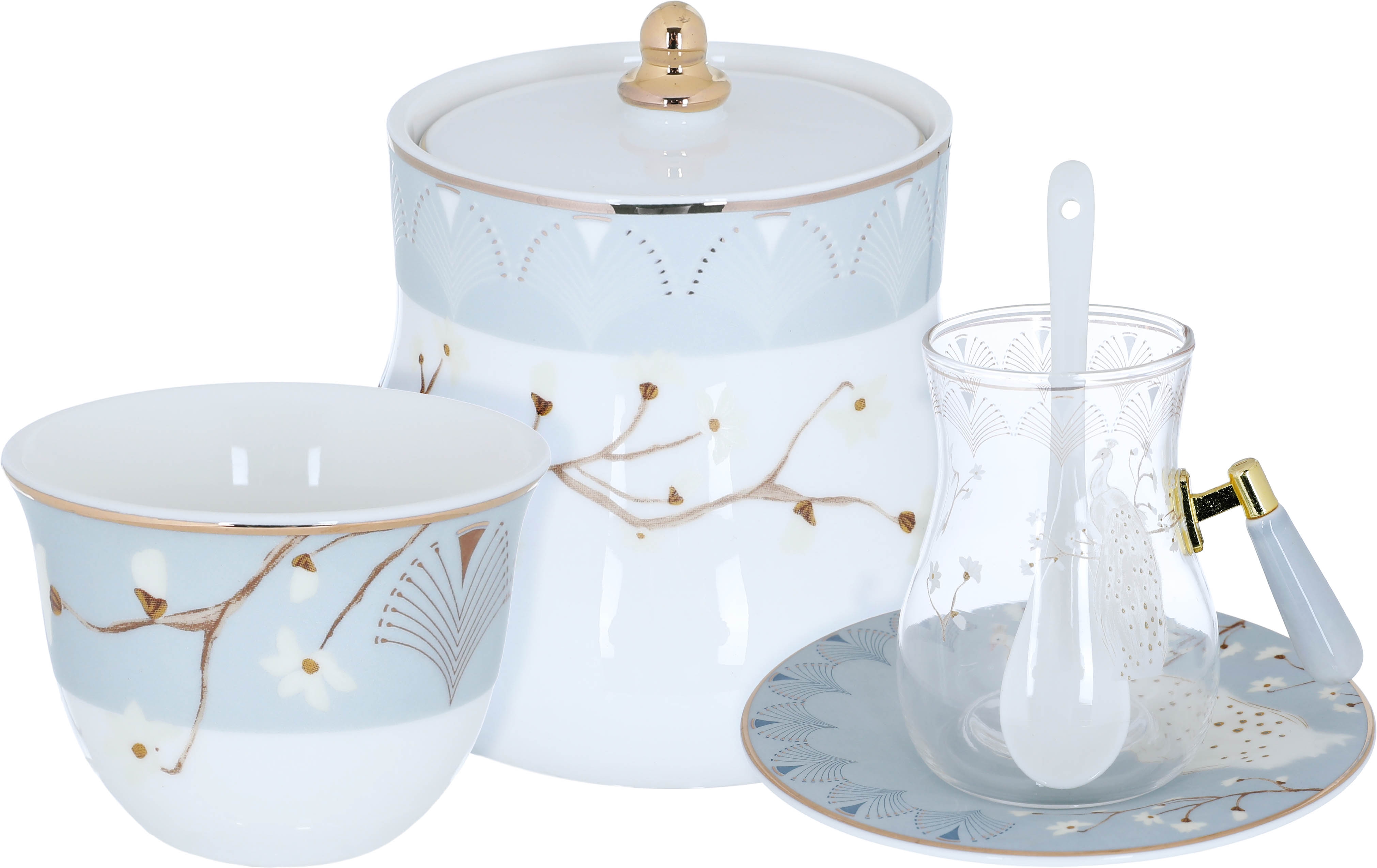Al Saif Gallery Tawoos Glass + Porcelain Tea and Coffee Serving Set, 180+65 ml, 26 Pieces - Transparent product image