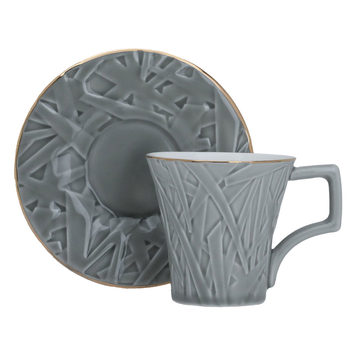 Al Saif Gallery ceramic coffee cup set, engraved with golden script, with saucer, 12 pieces - light gray product image