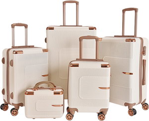 طقم شنط سفر ABS ليمرا، 5 مقاسات، 4 عجلات، زاويه 360 درجة، LMA-1646 - بيج ذهبي product image