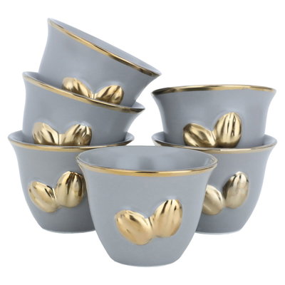 Al Saif Gallery Porcelain Arabic Coffee Cups Set, 12 Pieces, 100 ml, Gold Rim - Light Gray product image 1