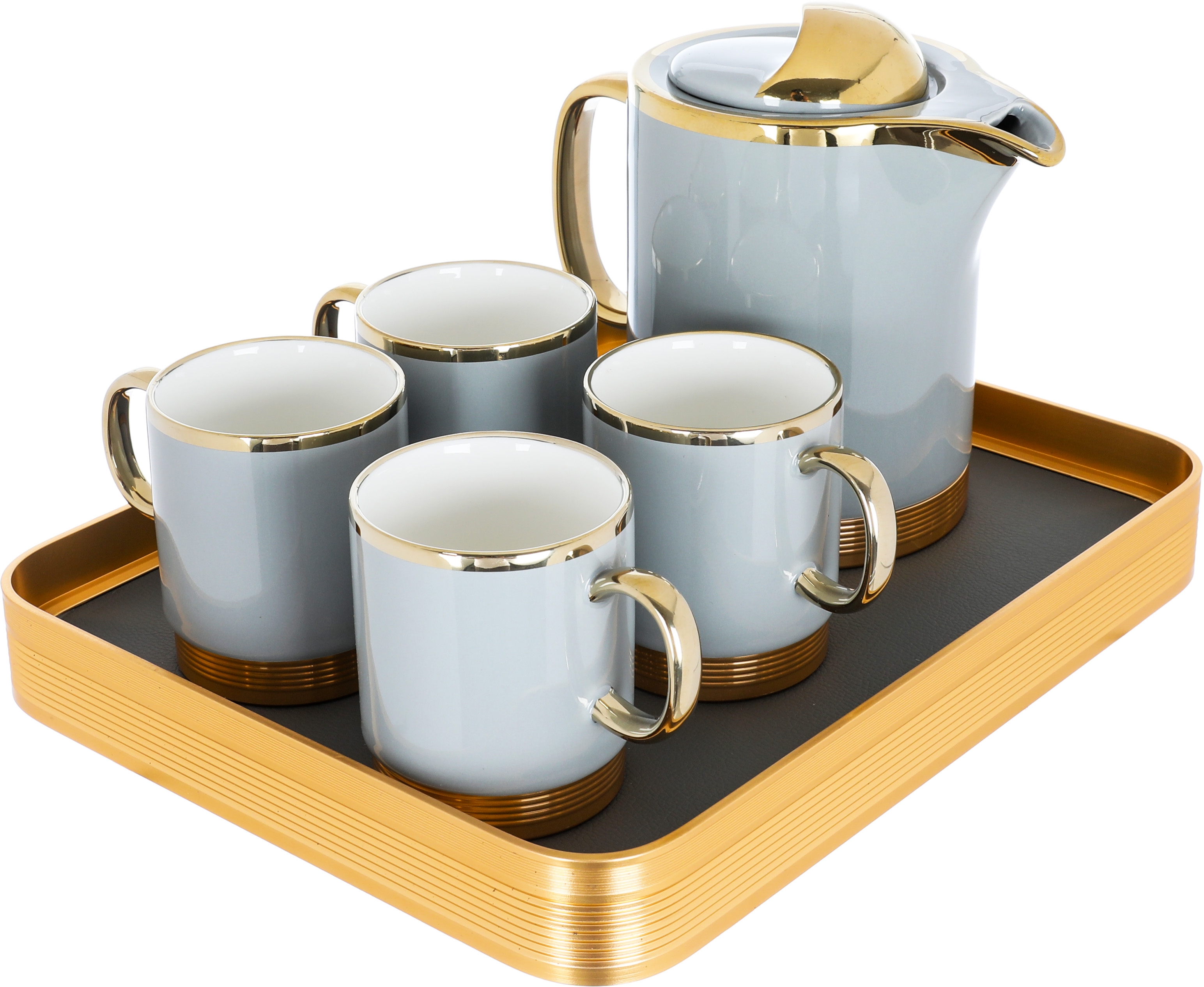 Al Saif Gallery Empire Porcelain Tea Serving Set, 250 ml/1 liter, Jug, 4 Cups, Tofaria - Golden Gray product image 1