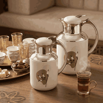 Al Saif Gallery Florya Pro thermos set, 1/0.5 liter, two pieces, thermal glass inner container, steel outer shell - white beige product image 2