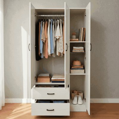 MDF Wood Wardrobe, 200×120×54 Cm, Three Doors, 2 Drawers - White product image 2