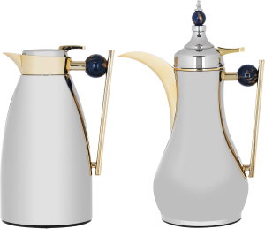 AlaaAl Saif Gallery Thermos Set, 1/1 liter, 2 pieces, thermal glass inner case, navy blue marble handle, pressure cooker - silver product image 2