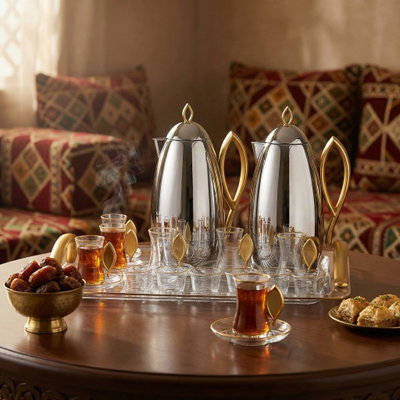 Al Saif Gallery Al Ola Thermos Set, 21 Pieces, with Tray, Tea & Coffee Cups - Silver Gold product image 11
