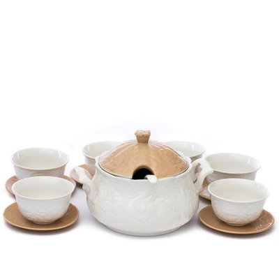 طقم شوربة بورسلان بغطاء بيج السيف غاليري، 15 قطعة، نحت مشجر - أبيض بيج product image 1