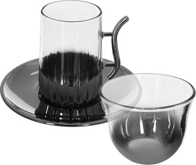طقم (بيالات شاي + فناجين قهوة عربي ) زجاج بيارت، 18 قطعة، 150 / 90 مل، 12×12 سم - فضي / شفاف product image 1