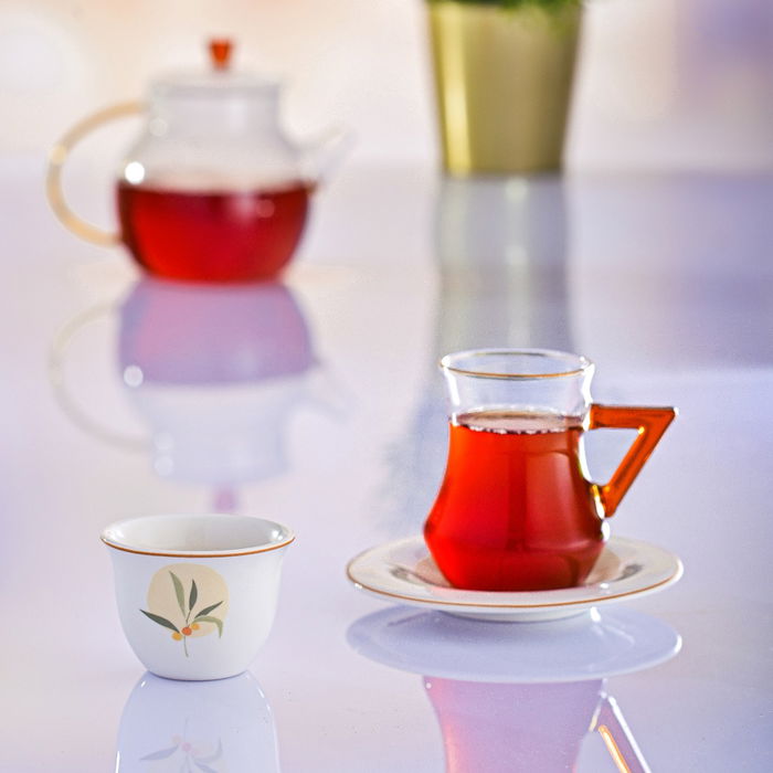 طقم تقديم شاي وقهوة زجاج وبورسلان السيف غاليري، 18 قطعة، يد برتقالي - شفاف أبيض product image 1
