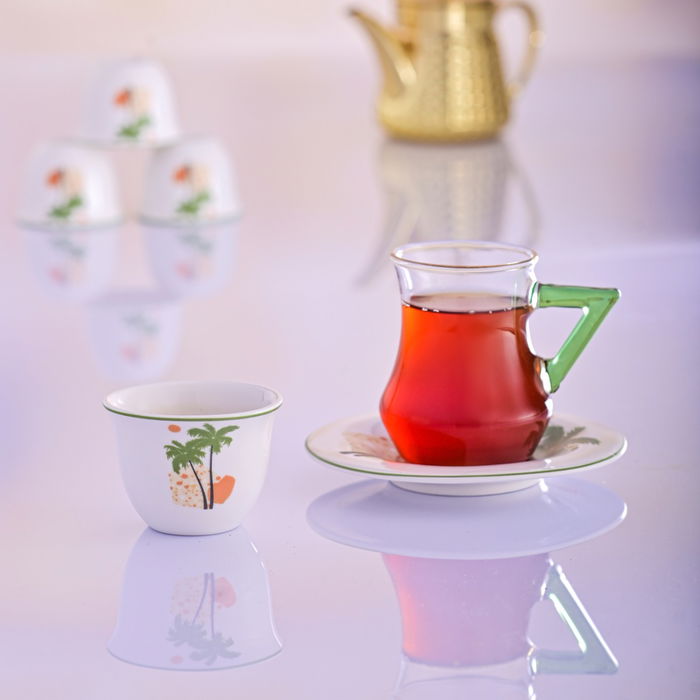 طقم تقديم شاي وقهوة زجاج وبورسلان السيف غاليري، 18 قطعة، يد أخضر- شفاف أبيض product image 1