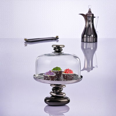 AlSaif Gallery Steel Cake Stand, 20 x 20 x 18 cm, Glass Cover - Silver Black product image 1