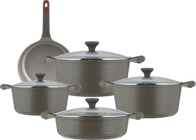 طقم قدور داي كاست الومنيوم روبوست، 9 قطع، غطاء زجاج، يد سيليكون - رمادي product image 1