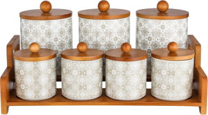 طقم علب بهارات مع استاند خشب بورسلان ون مور, 7 قطع، نقش بيج - ابيض خشبي product image 2