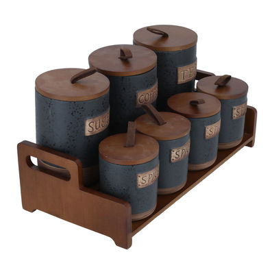 طقم علب بهارات زجاج السيف غاليري، بغطاء، بستاند خشبي، 7 حبات - رمادي غامق product image 2