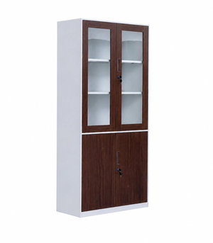 OW-019 MDF wood storage and organization unit, 185×90×40 cm, 2 glass top doors, 2 wood bottom doors, internal shelves, key lock - White wood product image 2