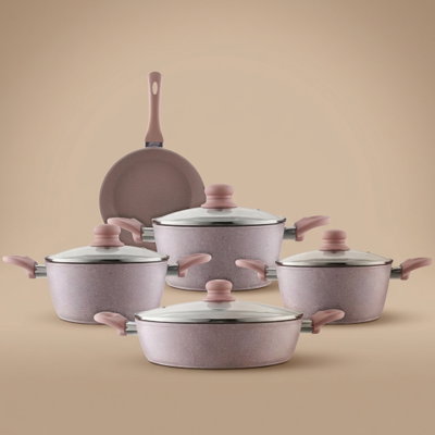 طقم قدور جرانيت بغطاء زجاج روكي، 9 قطع - وردي product image 1