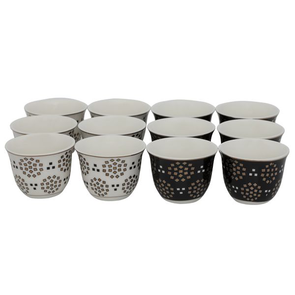 Al Saif Gallery porcelain Arabic coffee cups set, 12 pieces, gold square pattern - white black product image