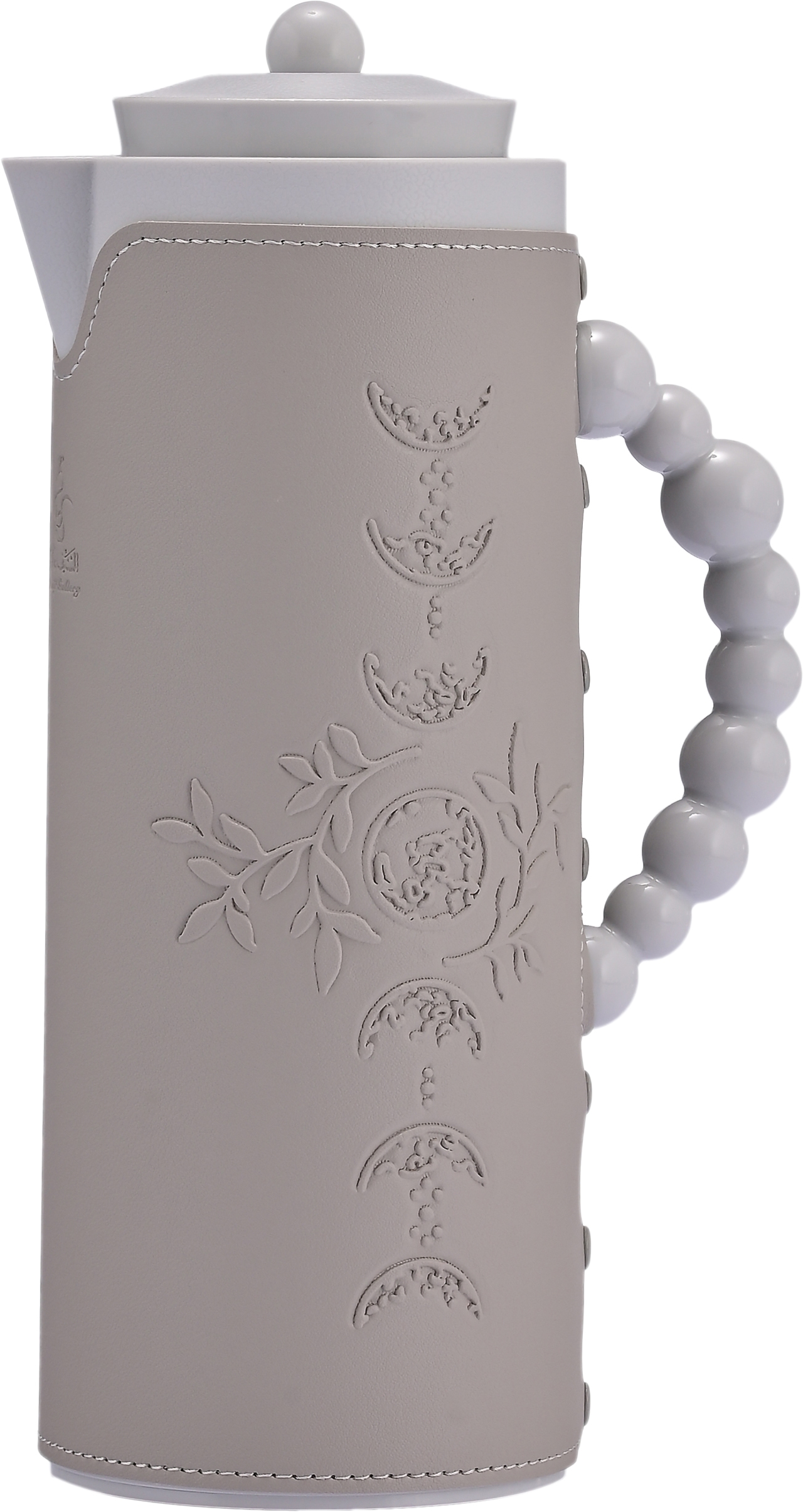 Al Saif Gallery Royal 7T thermos, 1 liter, leather covered, moon pattern, glass inner case, plastic outer body - light gray product image