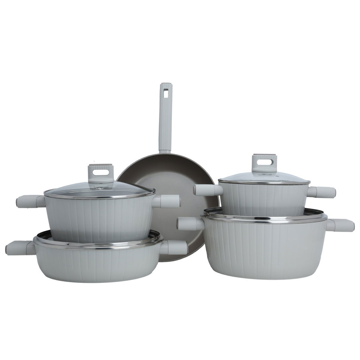 Robust cookware set, 9 pieces, with glass lid - beige product image
