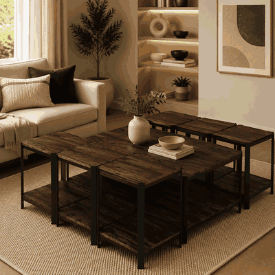 طقم طاولات خشب MDF و معدن، 7 قطع - اسود بني product image 1