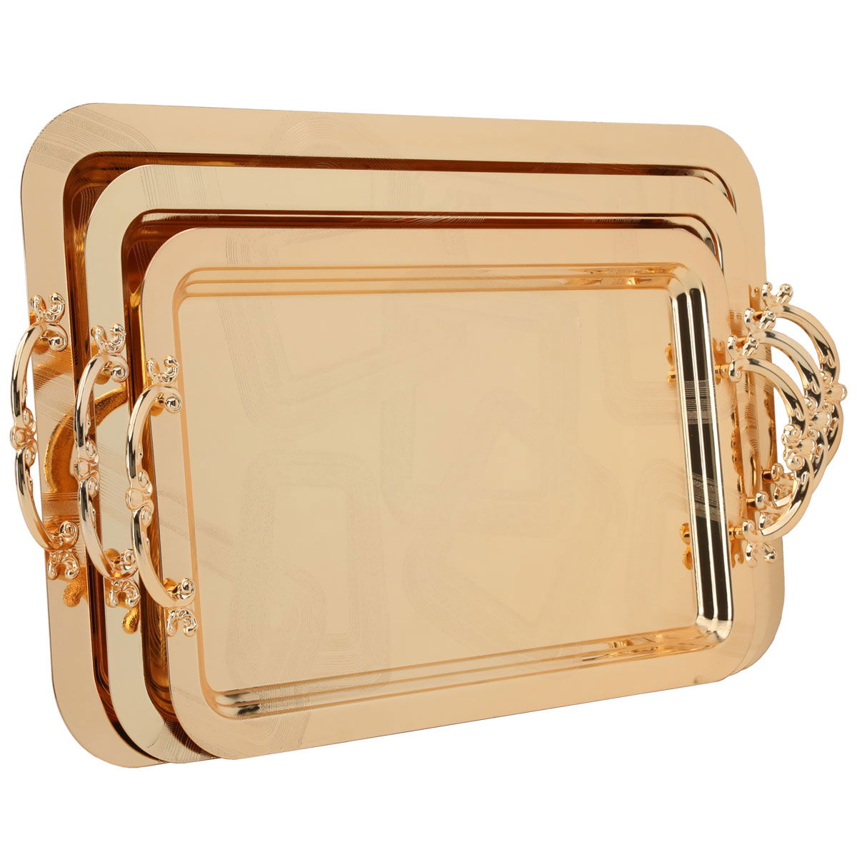 Steel tray set with Saif Gallery hand, 3 pieces, rectangle, square pattern - gold product image 2