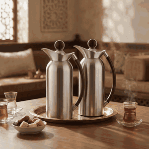 Al Saif Gallery Al Thuraya Thermos Set, 2 Pieces, 1/1 Liter, glass interior, black handle, push-button lid - silver product image 2