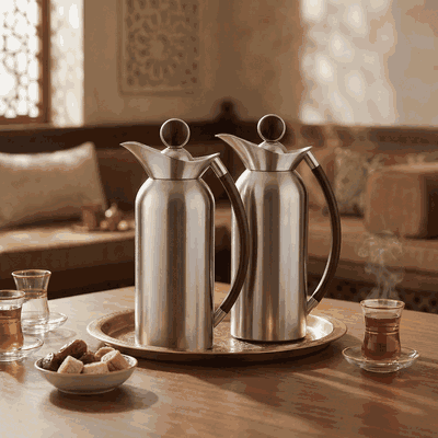 Al Saif Gallery Al Thuraya Thermos Set, 2 Pieces, 1/1 Liter, glass interior, black handle, push-button lid - silver product image 2