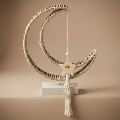 Al Saif Gallery Stainless Steel Ramadan Decor Stand, 37x7x40 cm, Wicker Crescent Shape, Lighted Base - White Beige product image 1