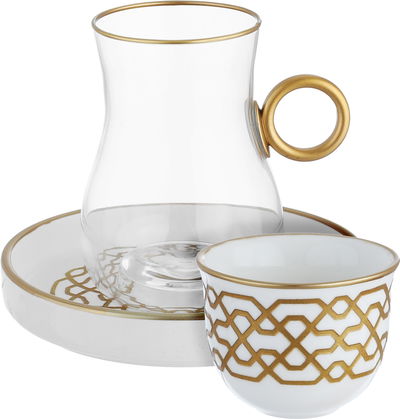 طقم تقديم شاي وقهوة زجاج وبورسلان السيف غاليري، 24 قطعة، نقش إسلامي - شفاف بأبيض product image 1
