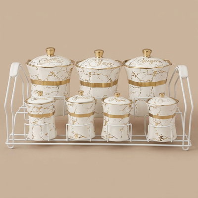 طقم علب بهارات بورسلان السيف غاليري، مذهب، 7 قطع، بستاند - أبيض رخامي product image 1