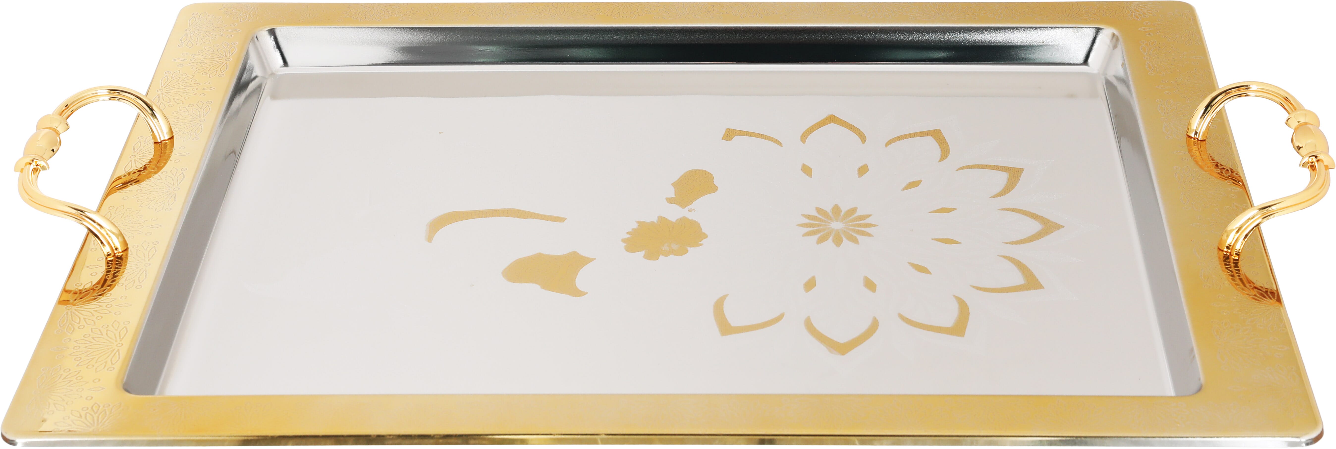 Alsaif Plus Steel Serving Treys Set with gold edges, 3 pieces, rectangular - silver product image 2