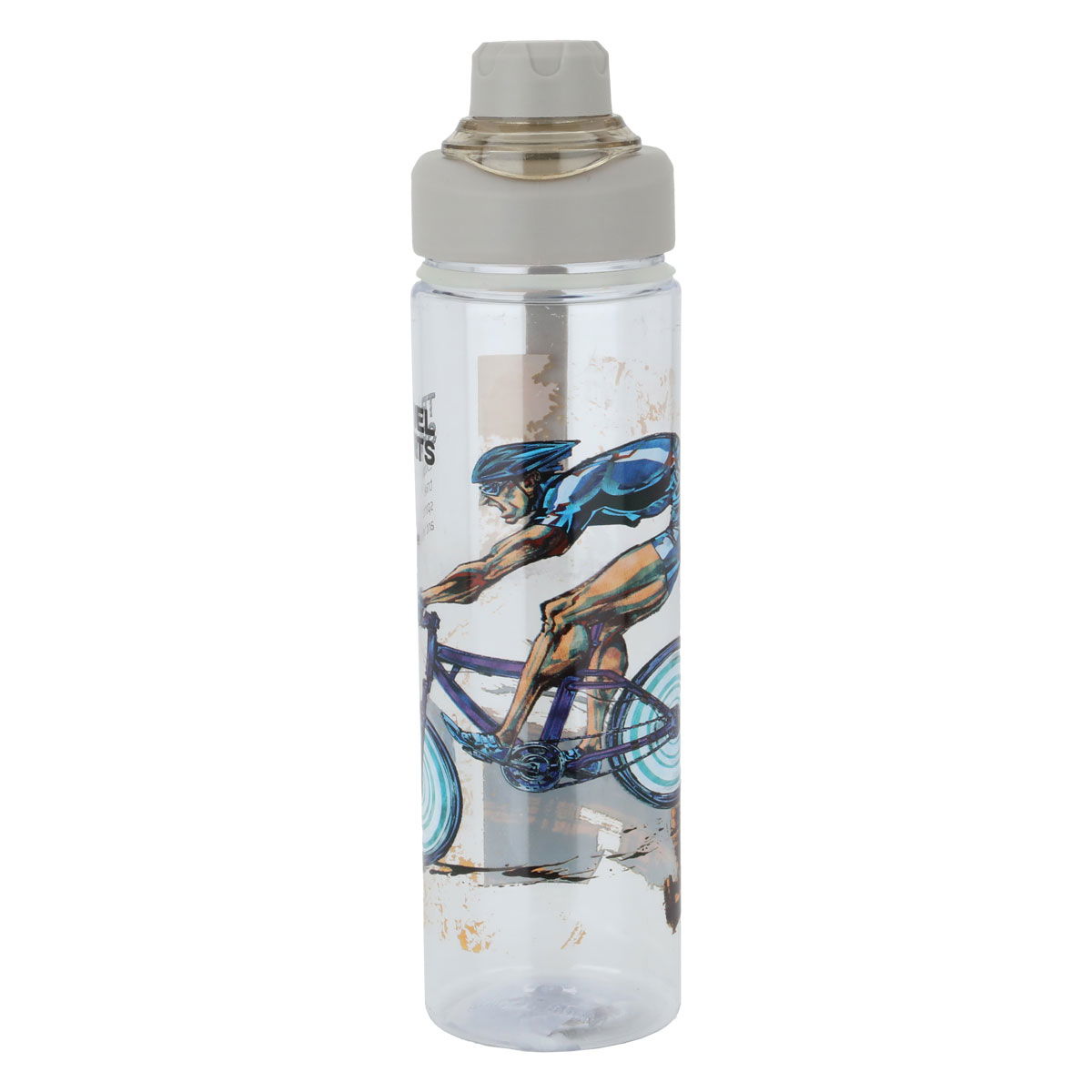 Al Saif Gallery plastic water bottle, drawing of a cyclist - transparent product image 1