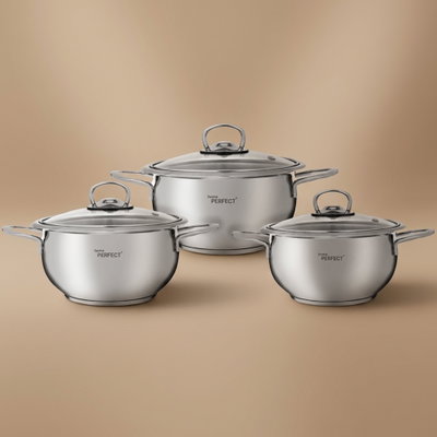 طقم قدور استيل هوم بيرفكت، 6 قطع، غطاء زجاج - فضي product image 1