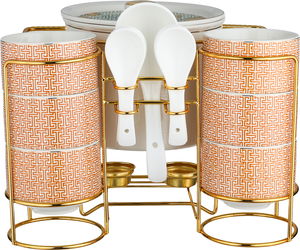 طقم تقديم شوربة بورسلان ون مور، 35x25x25 سم، 16 قطعة، ستاند ذهبي - أبيض برتقالي product image