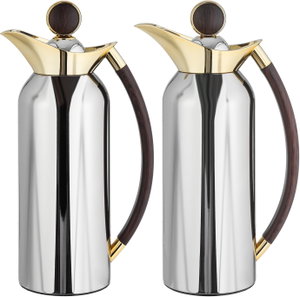 Al Saif Gallery Al Thuraya Thermos Set, 2 Pieces, 1/1 Liter, glass interior, black handle, push-button lid - silver and gold product image 2