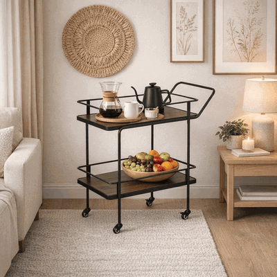 Wooden And Metal Food Serving Trolley, 83×40×80 cm, 2 Shelves, 360 Swivel Casters - Cafe product image 2