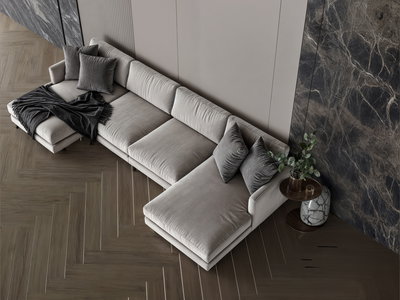 Modern L-shaped Swedish wood sofa, 330 x 140 x 140 cm, Chanel fabric - off-white product image 3