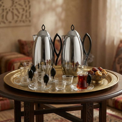 Al Saif Gallery Al Ola Thermos Set, 21 Pieces, with Tray, Tea & Coffee Cups - Silver Black product image 11