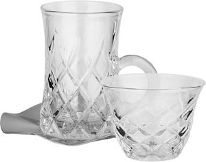 Glass cup and saucer serving set, 36 pieces, stainless steel saucers, 12 cm - clear silver product image