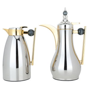 AlaaAl Saif Gallery Thermos Set, 1/1 liter, 2 pieces, thermal glass inner case, gray marble handle, pressure - silver product image 2