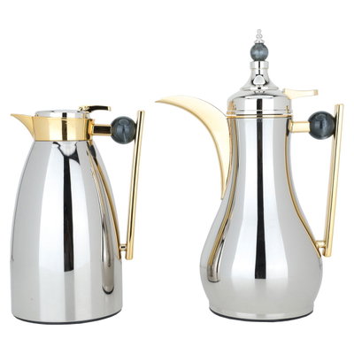 AlaaAl Saif Gallery Thermos Set, 1/1 liter, 2 pieces, thermal glass inner case, gray marble handle, pressure - silver product image 2