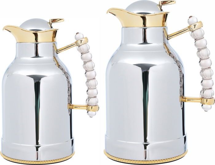 Al Saif Gallery Farida thermos set, 1/0.7 liter, two pieces, thermal glass inner container, steel outer shell - silver product image 1