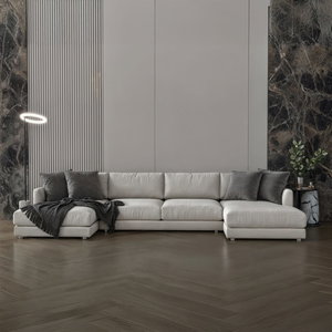 Modern L-shaped Swedish wood sofa, 330 x 140 x 140 cm, Chanel fabric - off-white product image