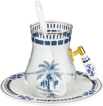 طقم تقديم بيالات شاي زجاج وفناجين قهوة مع صحون بورسلان السيف غاليري، 25 قطعة، سكرية، مشجر - ابيض شفاف product image 3