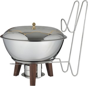 Saif Plus Sanaa Stainless Steel Food Warmer, 7L, Round Design, Hanging Lid, Wooden Legs - Silver/Gold product image 2