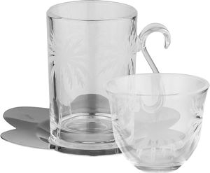 Al Saif Gallery Glass Cups and Tea Set, 18 Pieces, Stainless Steel Saucers, Embossed - Clear Silver product image